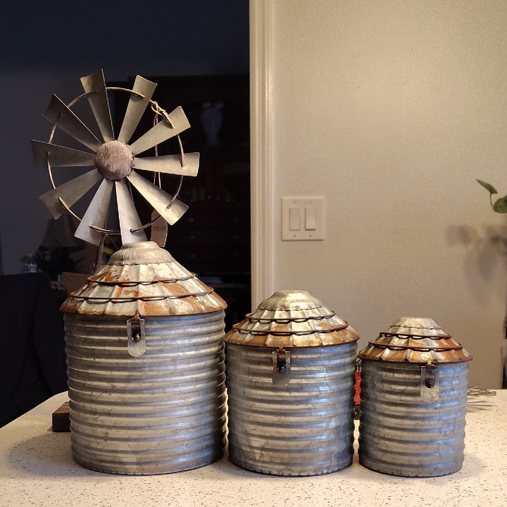 Rustic Metal Silo Canister Set And Tall Windmill